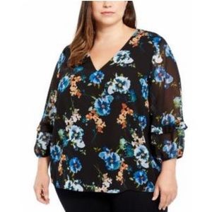 Calvin Klein Women's Plus Printed Ruffled 3/4 Sleeve Top Black Size 2X NWT